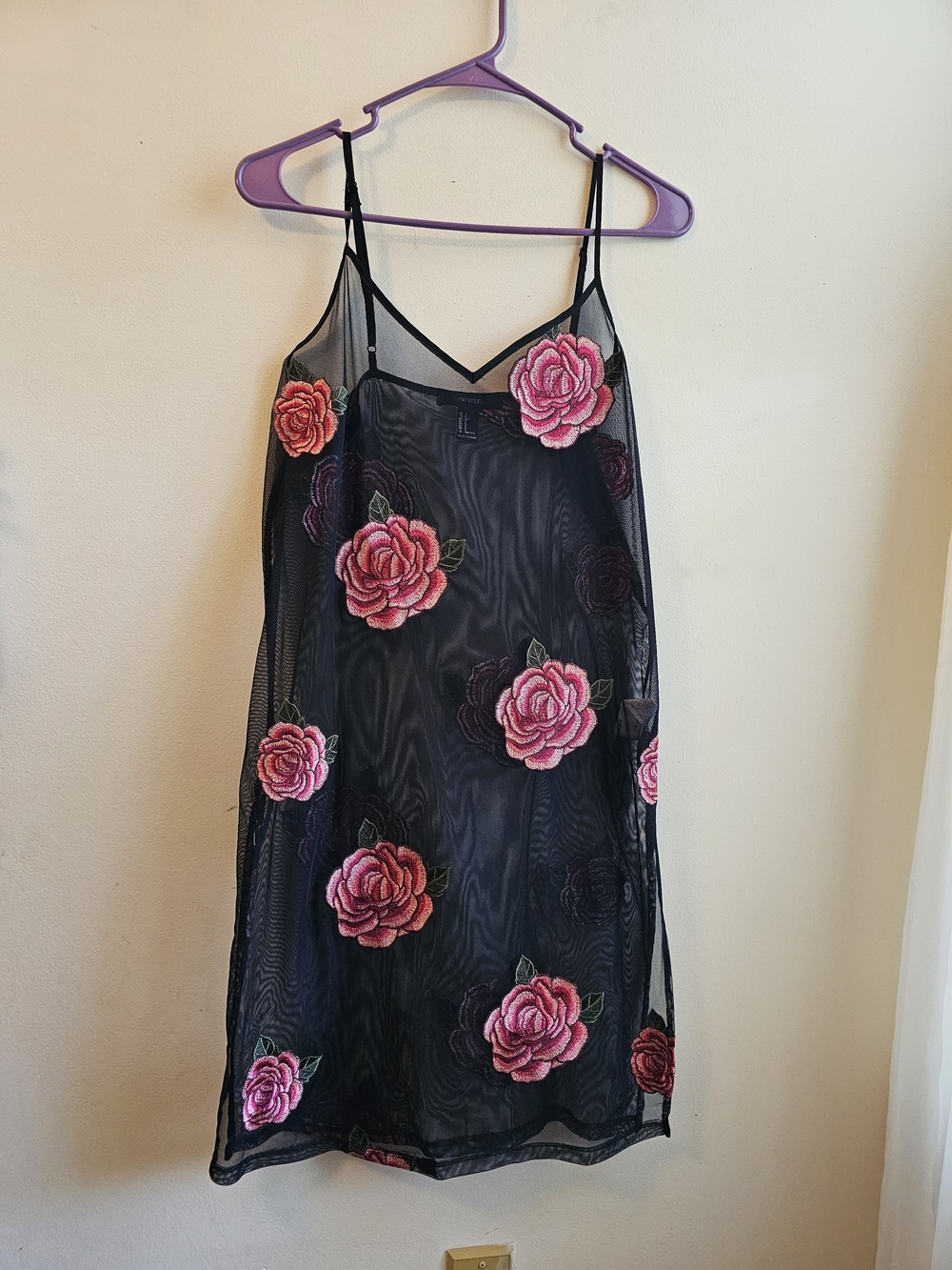 Forever 21 Black Sheer Slip Dress with Pink Rose Embroidery